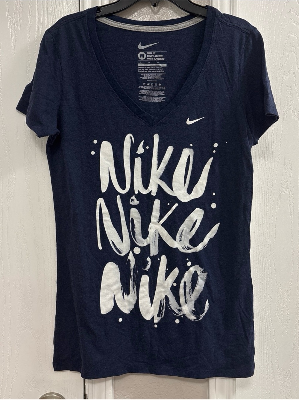Nike Navy V-Neck Short Sleeve Tee with White Graphic Script